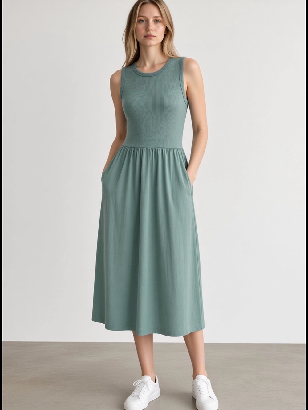 J.Crew Vintage Rib High-Neck Cutaway Tank Dress with Poplin Skirt Midi Dress
